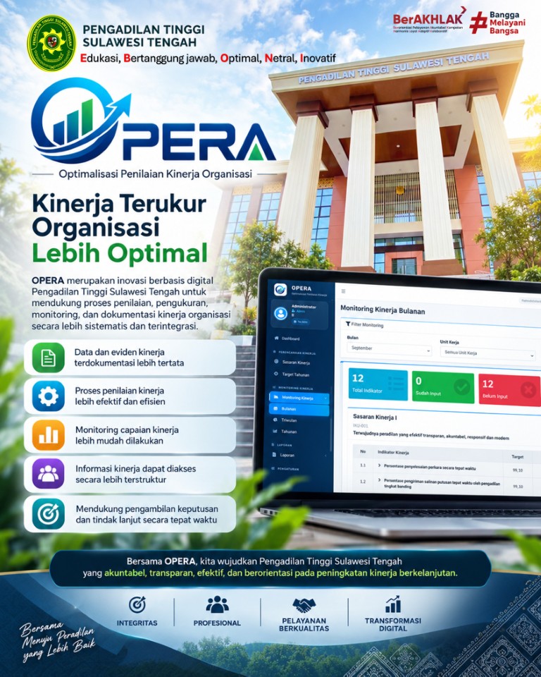 Telah Hadir Inovasi OPERA (Optimalisasi Penilaian Kinerja Organisasi) Pengadilan Tinggi Sulawesi Tengah...